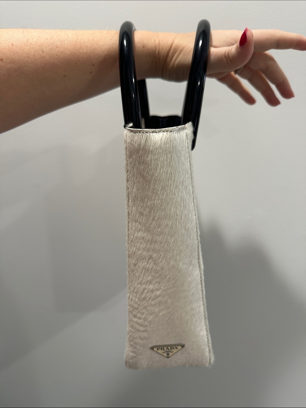 Prada White Pony Hair handbag tote triangle logo dust bag original card RARE